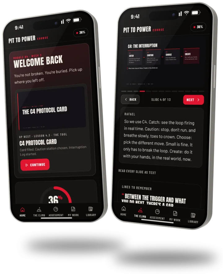 Two phones: the course home screen, and a lesson slide with Rafael's words under it