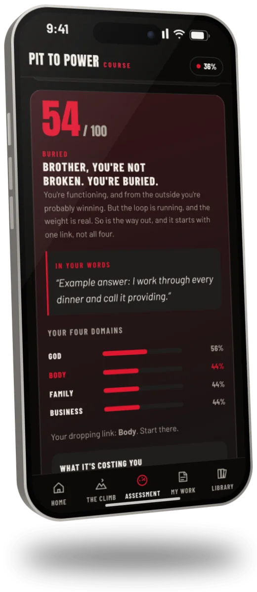 A Pit Assessment result on a phone: the score out of 100, the tier, and four domain bars with the dropping link marked